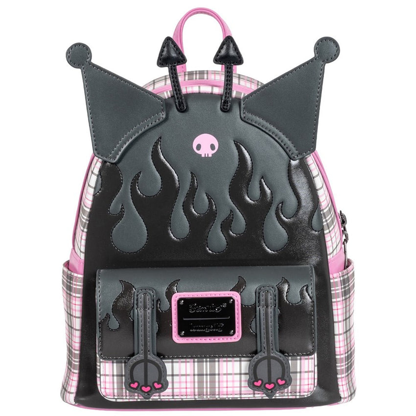 Loungefly! Leather: Sanrio Kuromi Flames Plaid Mini Backpack