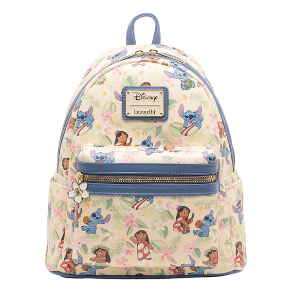 Loungefly! Leather: Blue Hula Lilo and Stitch  All-over-print Mini Backpack
